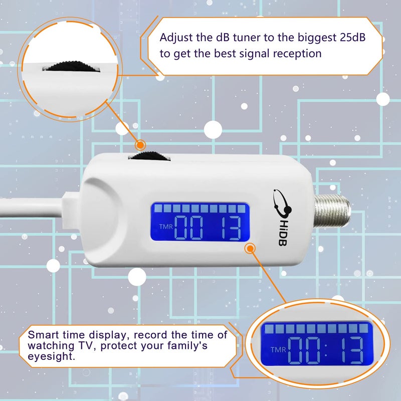 HIDB TV Antenna Amplifier Signal Booster, 25dBi High Gain Amplifier for 4K/1080p TVs, Low Noise, Adjustable Gain & Timer, USB Powered, Digital Signal Amplifier Boosts Weak Signals, Works with Smart TVs - Image 3